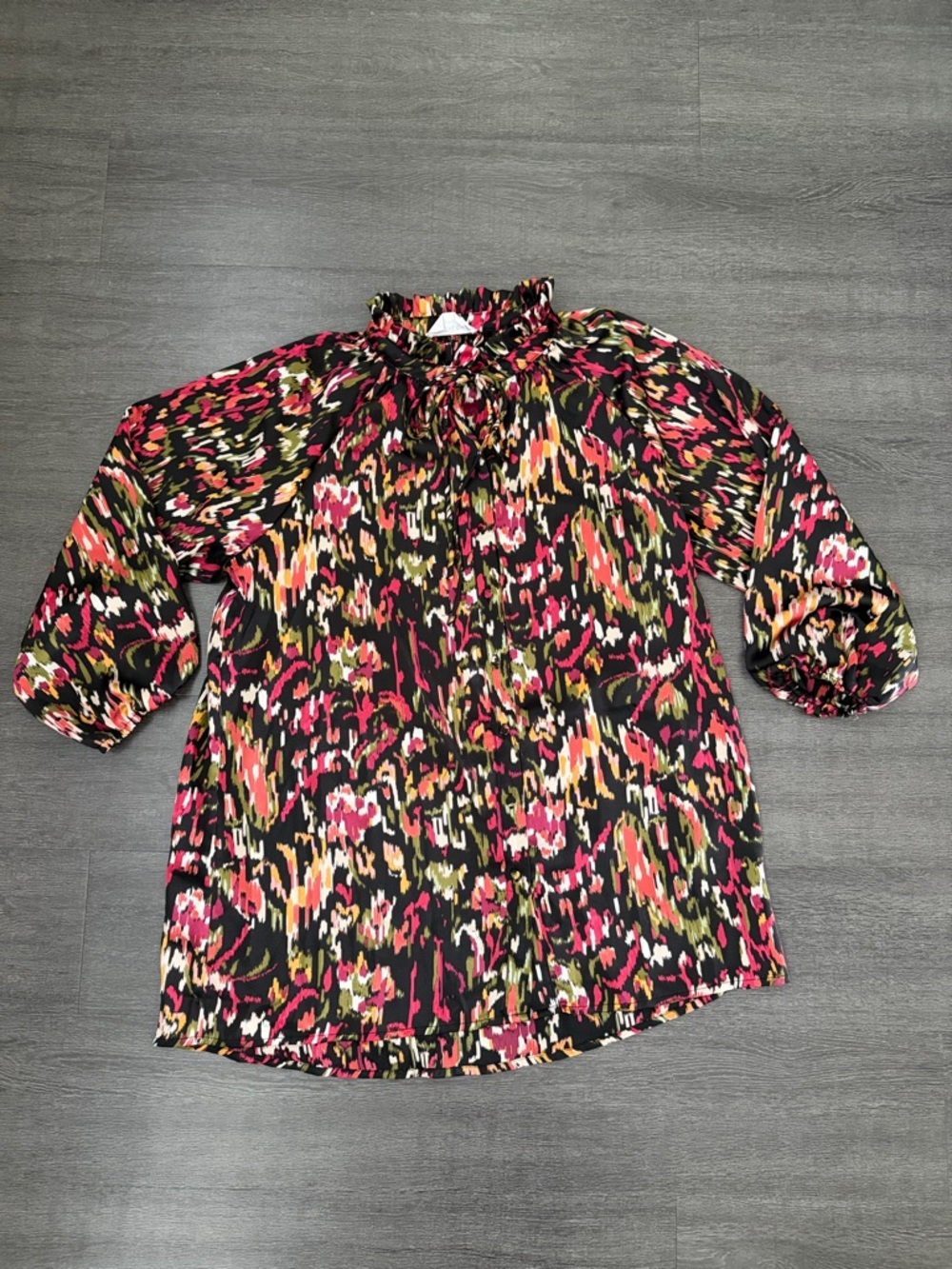 Women’s Floral Print Ruffle Neck Blouse - Black/Pink